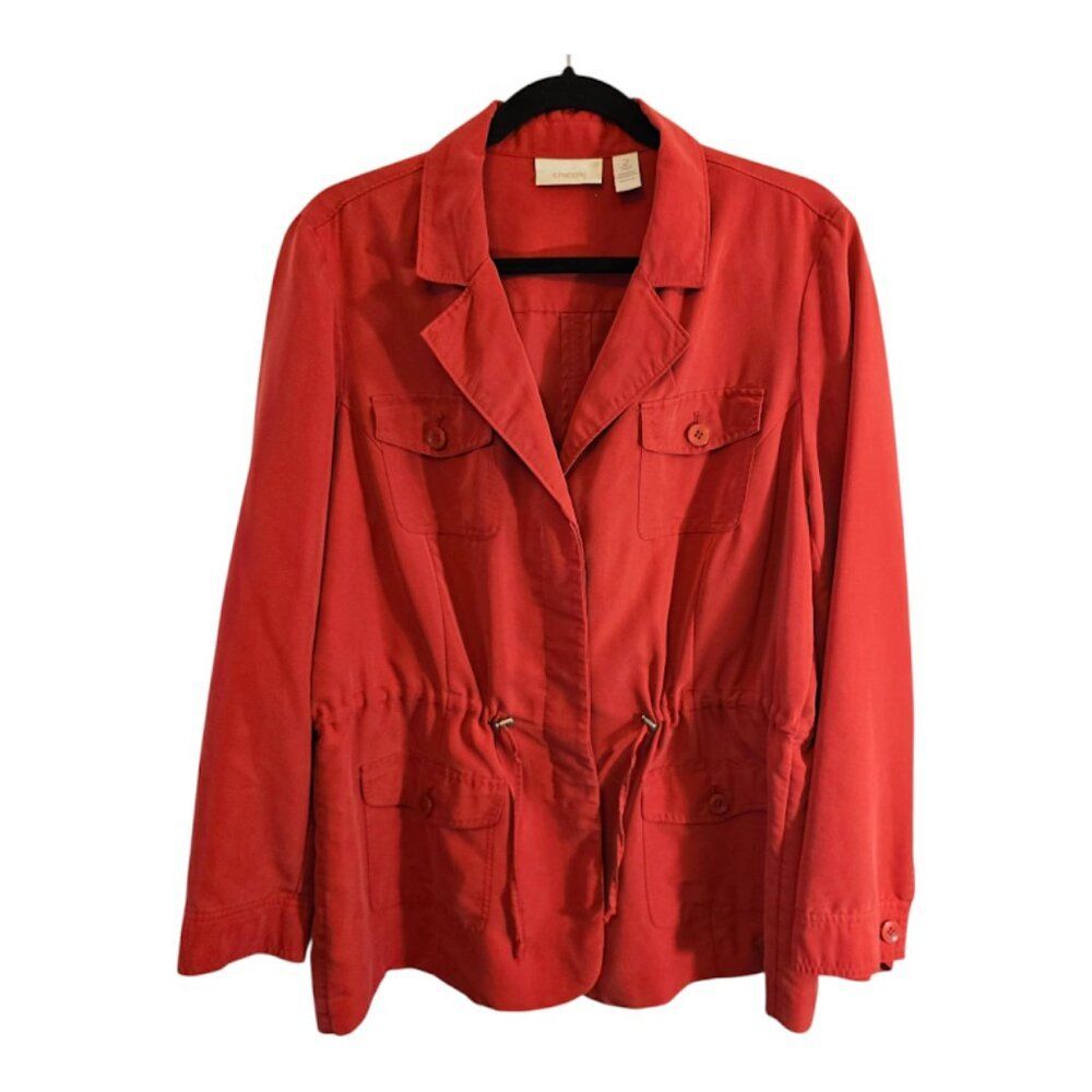 CHICOS RED CINCH WAIST LONG SLEEVE BUTTON DOWN UTILITY JACKET SIZE 2 LARGE (12)